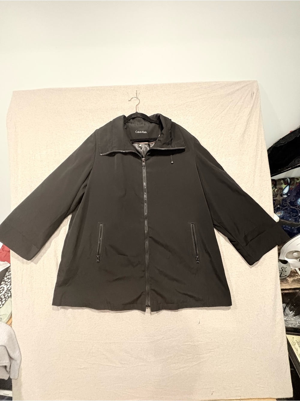 2X Calvin Klein Black Rain Flare cape 3/4 Sleeve Zip-Front Women's Coat